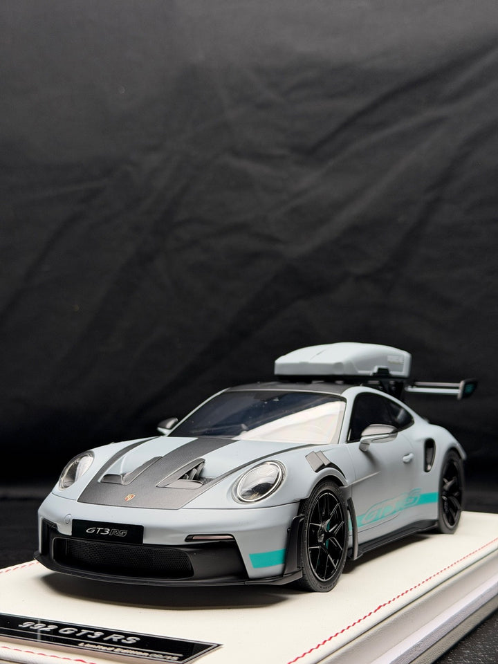 Porsche 911 GT3 RS w/ Roof Rack (Matte Gray/ Blue) [IVY Model] 1:18 scale