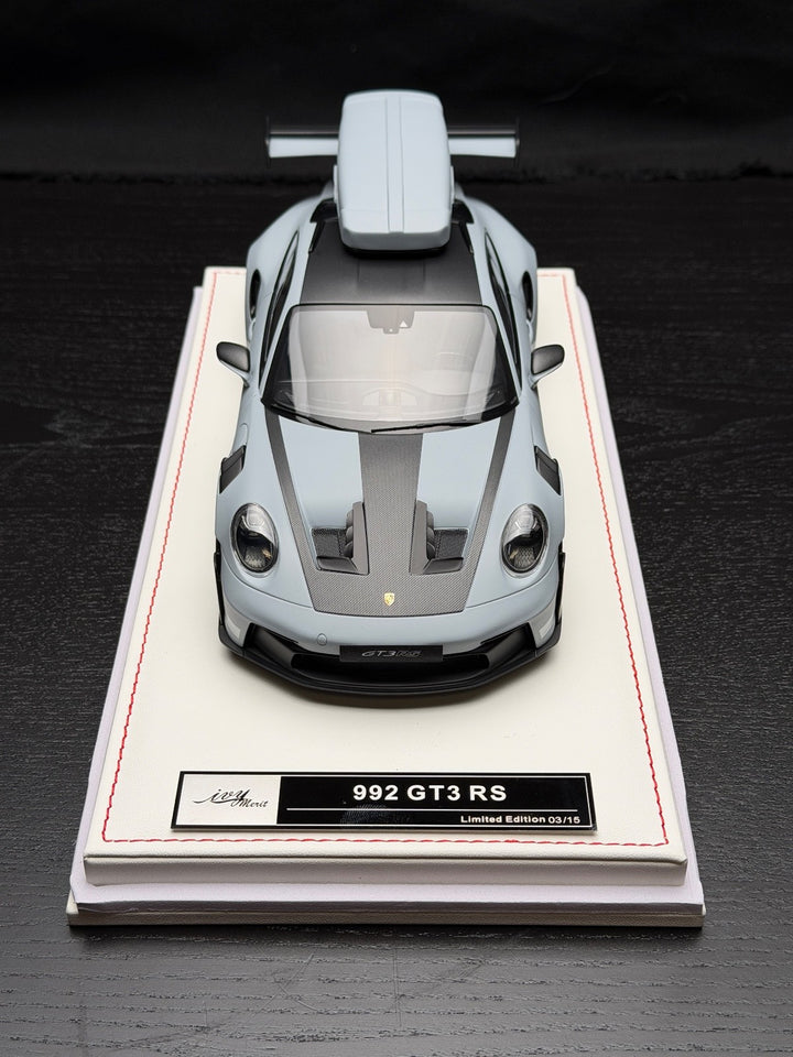 Porsche 911 GT3 RS w/ Roof Rack (Matte Gray/ White) [IVY Model] 1:18 scale