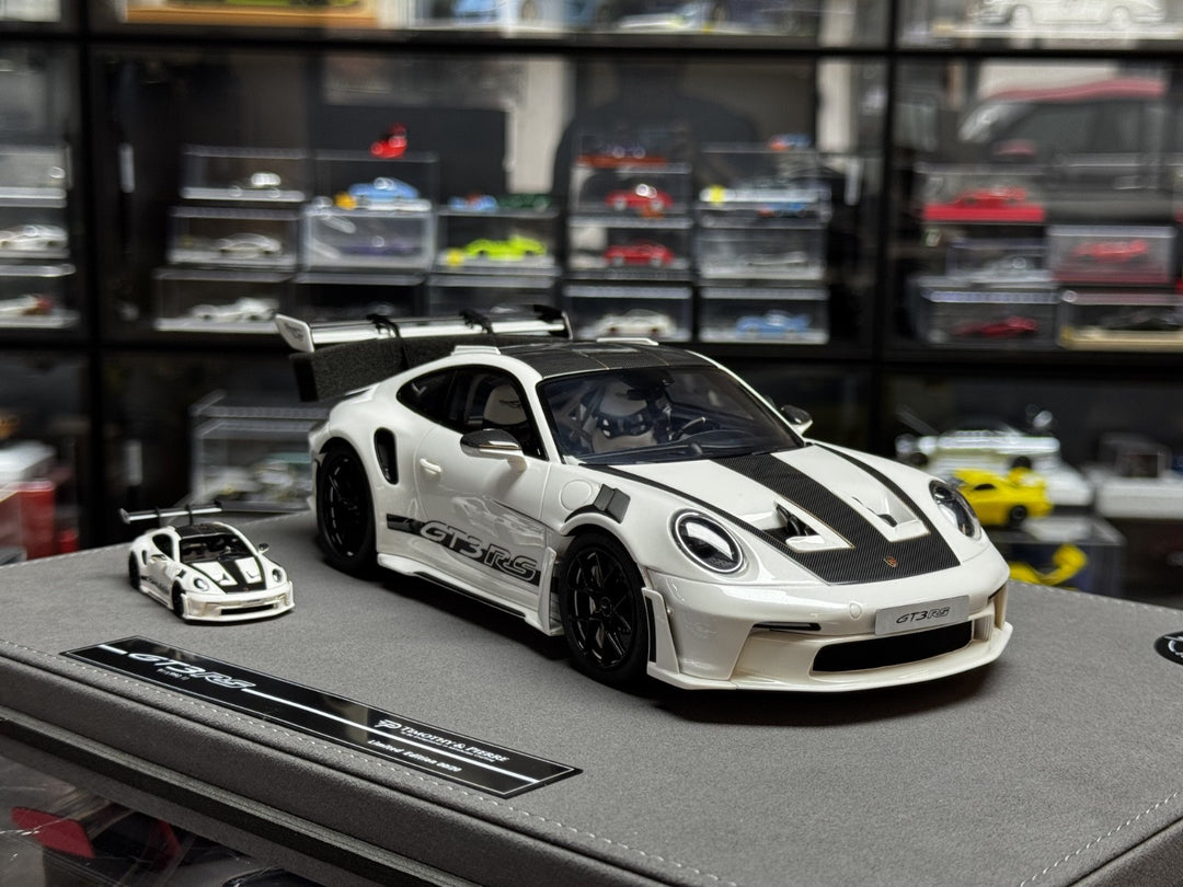 Porsche 911 GT3 RS (White/ Black, Special Display) [Timothy & Pierre] 1/18 scale