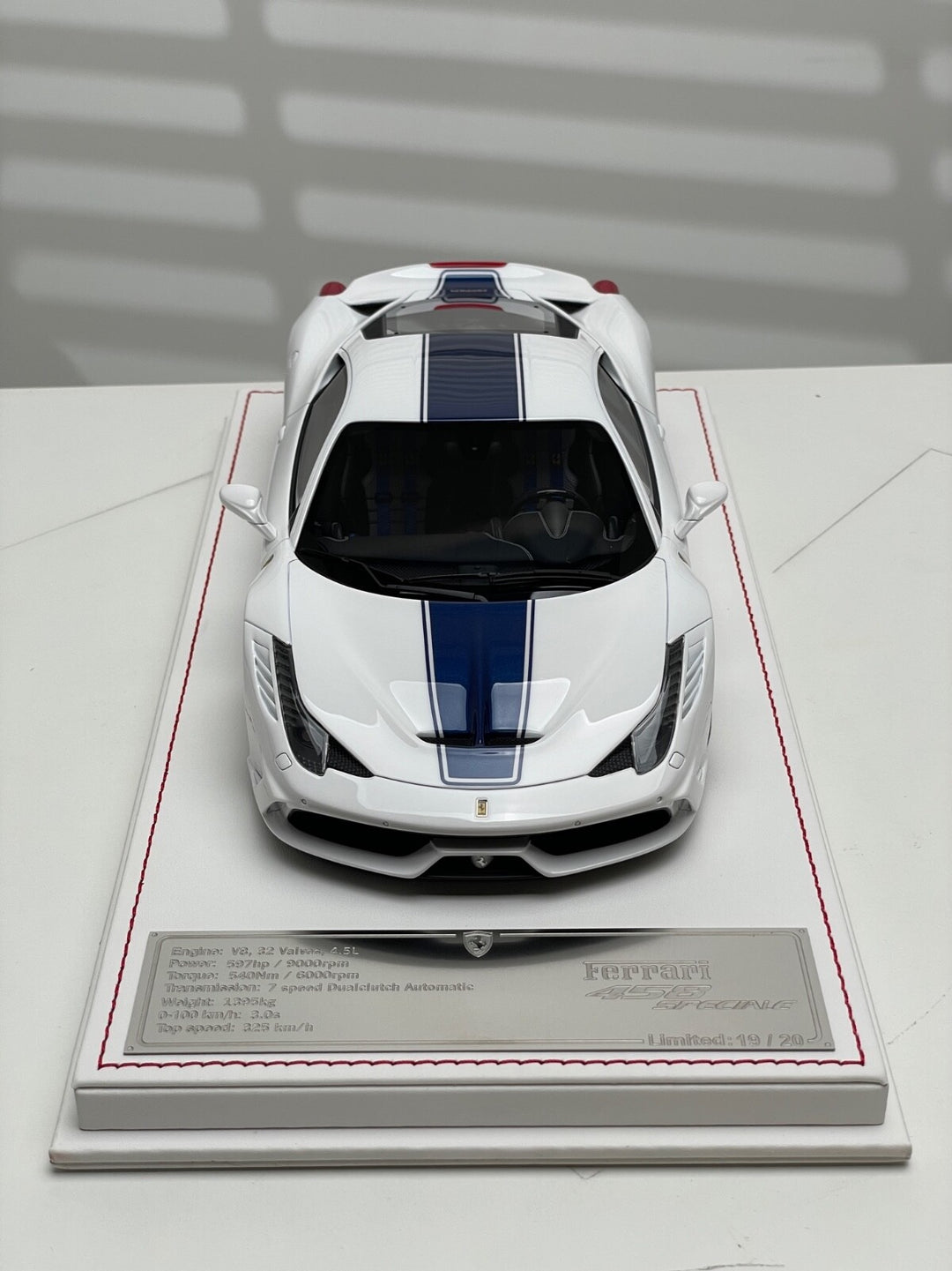 Ferrari 458 Speciale (White w/ Blue Stripe) [Davis & Giovanni] 1/18 scale