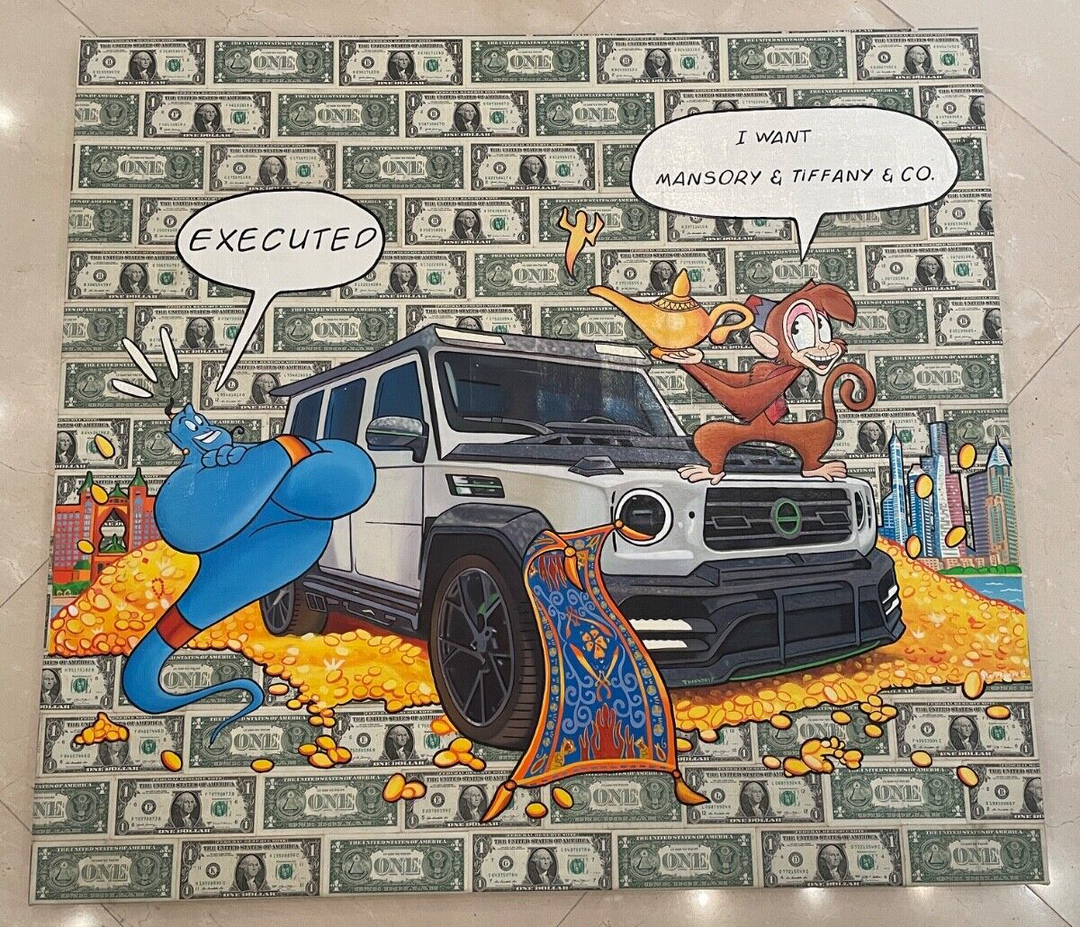 "Aladdin Genie & Mansory G63" By Bratya Gafs -Hand painted on REAL Dollar Bills