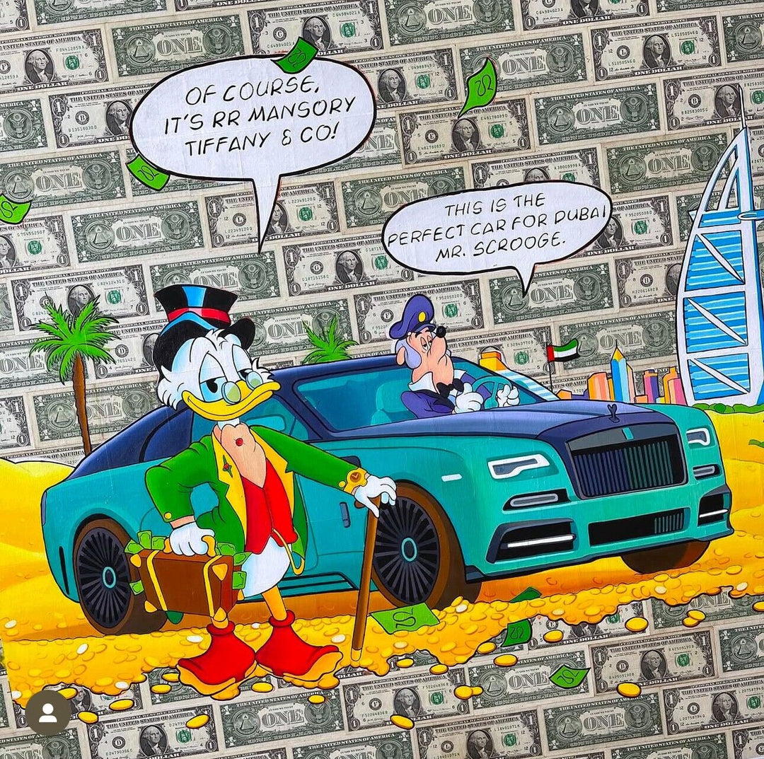 "Scrooge McDuck & Rolls-Royce" By Bratya Gafs -Hand painted on REAL Dollar Bills